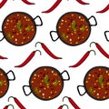 Endless pattern of Chili con carne and red hot chili pepper. Traditional Mexican spicy food. Isolate