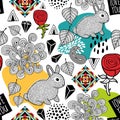 Endless pattern with cute animals and abstract elements. Royalty Free Stock Photo