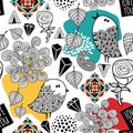 Endless pattern with doodle birds and abstract elements. Royalty Free Stock Photo