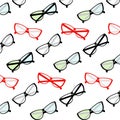 Endless pattern of elegant stylized glasses with clear and multi colored lenses and frames. Vector.