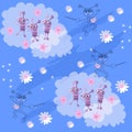 Endless pattern fith fantasy aliens boys and girls, clouds, stars, nebulae and daisy flowers against blue sky. Wallpaper