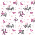 Endless pattern with funny rossters and hens, bows, pink flowers, leaves and hearts isolated on white background. Print for fabric