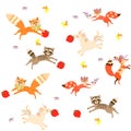 Endless pattern with galloping unicorns, playful foxes and raccoons, fluttering birds of different colors and yellow butterflies