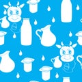 Endless pattern with milk, jug and cow on blue background