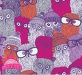 Endless pattern with pink owls in funny doodle style.