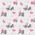 Endless pattern in retro style with funny cockerels and chickens decorated with bows and flowers. Print for fabric Royalty Free Stock Photo