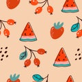 Endless pattern with slices of watermelon, strawberry and wild berries. Cartoon on a beige background. Seamless abstract Royalty Free Stock Photo