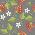 Endless pattern with a strawberry, leaves and flowers on grey ba Royalty Free Stock Photo
