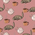 Endless pattern of teapot, cat and tea. Homeliness