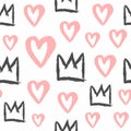 Endless print with crowns and hearts painted with rough brush. Stylish seamless pattern for girls. Grunge, sketch, watercolour.