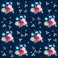 Endless print for fabric with cute bouquets of gardening flowers, leaves in patchwork style and little stars.