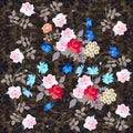 Endless print for fabric with cute roses, daisy and cosmos flowers on ornate dark background.