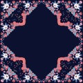 Endless print for fabric, square carpet or ethnic shawl with garden flowers, butterflies and paisley on dark blue background Royalty Free Stock Photo