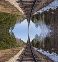 An endless railway extending into the sky in fantasy an upside-down world Inception style