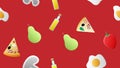 Endless red seamless pattern from a set of icons of delicious food and snacks items for a restaurant bar cafe: pizza, mushrooms, Royalty Free Stock Photo