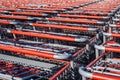 Endless rows of Costco shopping trolleys waiting for the customers.