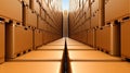Endless rows of stacked orange boxes create a symmetrical, futuristic corridor, AI Royalty Free Stock Photo