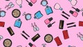 Endless seamless pattern of beautiful beauty items of female glamorous fashionable powders, lipsticks, varnishes, creams Royalty Free Stock Photo