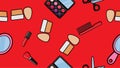 Endless seamless pattern of beautiful beauty items of female glamorous fashionable powders, lipsticks, varnishes, creams, Royalty Free Stock Photo