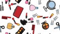 Endless seamless pattern of beautiful beauty items of female glamorous fashionable powders, lipsticks, varnishes, creams Royalty Free Stock Photo