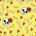 Cute doodle bones and hearts hand drawn seamless pattern