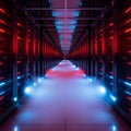 Endless server room corridor illuminated by dramatic red and blue neon lights creating a futuristic data center atmosphere Royalty Free Stock Photo