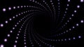 Endless spiral of glowing particles in dark space. Design. Rotating vortex of small circles on a black background