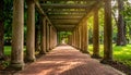 Endless Stone Column Pergola Pathway Bathed in Golden Sunlight stone columns trees Royalty Free Stock Photo