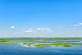 Endless summer landscape. Lake, forest and clear blue sky with beautiful little clouds. Royalty Free Stock Photo