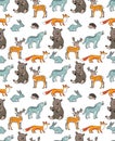 Endless texture with cute funny animals living in forest. Seamless pattern with wolf, fox and bear for kid design