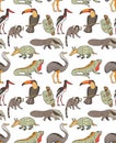 Endless texture with cute funny animals living in tropics. Seamless pattern for kid design