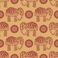 Endless texture with stylized patterned elephant and mandala in Indian style.