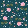 Endless vector pattern with roses and forget me not flowers isolated on dark background. Royalty Free Stock Photo