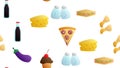 Endless white seamless pattern of delicious food and snack items icons set for restaurant bar cafe: chips, cheese, eggplant, soda