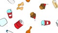 Endless white seamless pattern of delicious food and snack items icons set for restaurant bar cafe: milk, can, cupcake, eggs,