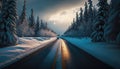 Endless Winter Road, Long Empty Road Stretching into the Snowy Distance, Generative AI