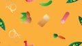 Endless yellow seamless pattern of delicious food and snack items icons set for restaurant bar cafe: nuts, cucumber, peas, carrot Royalty Free Stock Photo