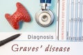 Endocrinology diagnosis Graves` disease. Figure of thyroid gland, result of laboratory analysis of blood medical stethoscope and b