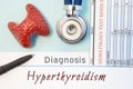 Endocrinology diagnosis Hyperthyroidism. Figure of thyroid gland, result of laboratory analysis of blood medical stethoscope and b