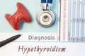 Endocrinology diagnosis Hypothyroidism. Figure of thyroid gland, result of laboratory analysis of blood, medical stethoscope and b