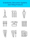 Endodontic Obturation Systems and Filling Products icon set . Root canal treatment. Endodontist dentist equipment and