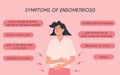 Endometriosis symptoms medical infographic card. Gynecological problem square banner. Women health. Young female having