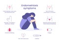 Endometriosis symptoms. Sad girl sits and hug her knees. 8 line icons.