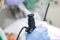 Endoscope in the hands of an endoscopist. Readiness to work Royalty Free Stock Photo