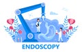 Endoscopy healthcare technology concept vector. Tiny doctors research stomach. Gastroenterology illustration for medical