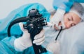 Endoscopy at the hospital. Doctor holding endoscope before gastroscopy