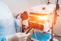 Endoscopy at the hospital. Doctor holding endoscope before gastroscopy