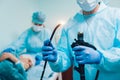 Endoscopy at the hospital. Doctor holding endoscope before gastroscopy