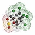 Endosulfan insecticide molecule. Banned in many countries due to toxicity. Atoms are represented as spheres with conventional