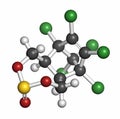 Endosulfan insecticide molecule. Banned in many countries due to toxicity. 3D rendering. Atoms are represented as spheres with